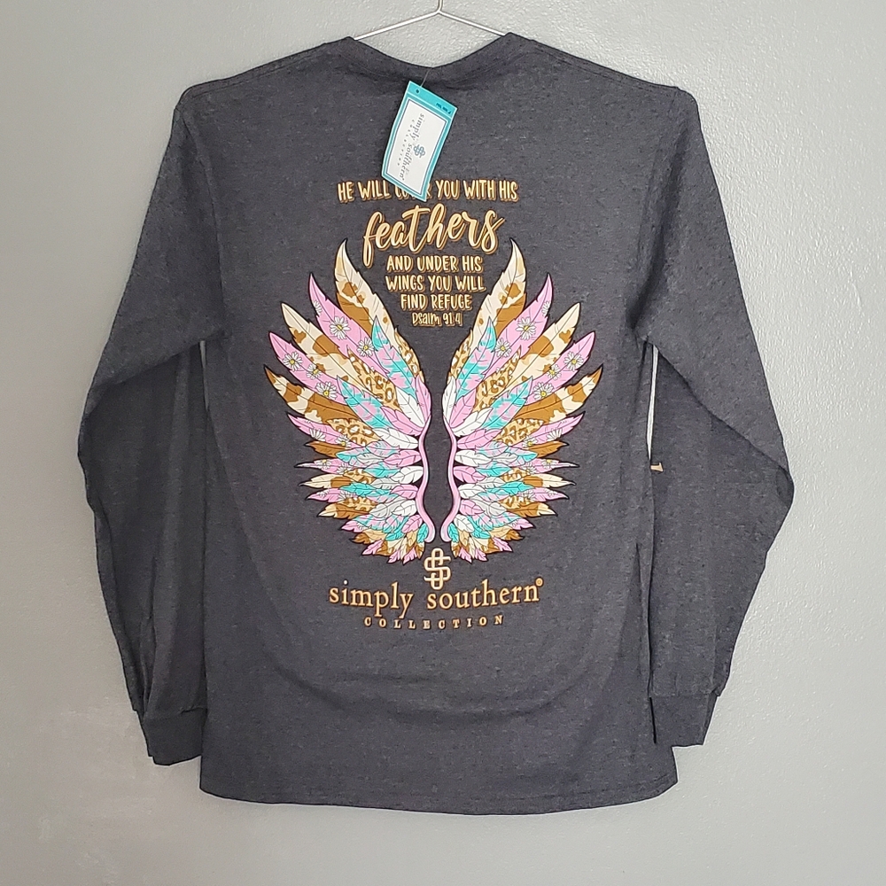 NWT Simply Southern Womens Long Sleeve Tee - Charcoal with Vibrant Wings